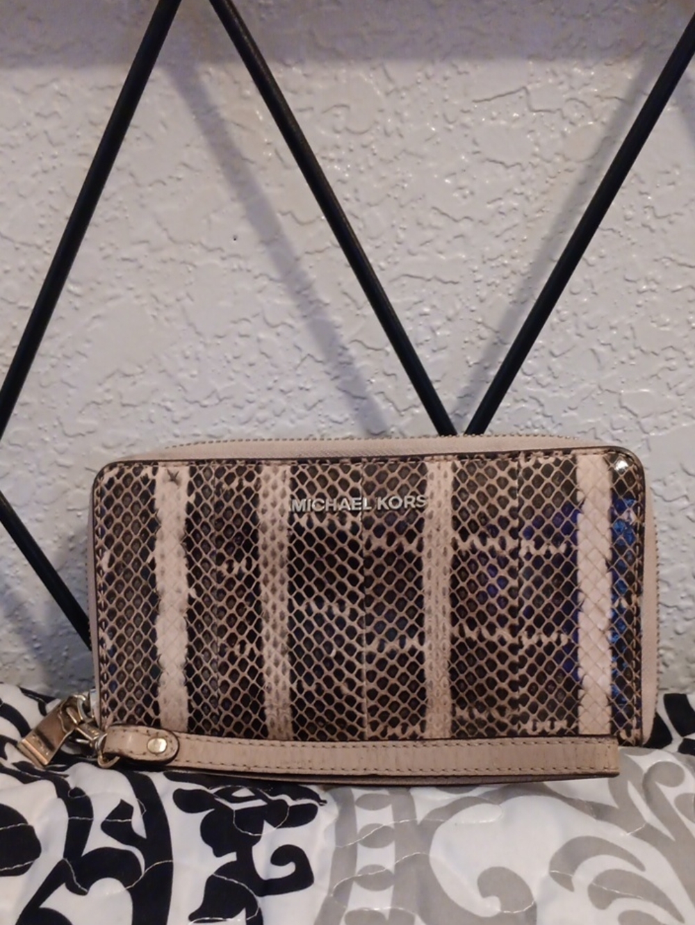 Michael Kors Beige and Brown Snakeskin-Print Zip Wristlet Wallet